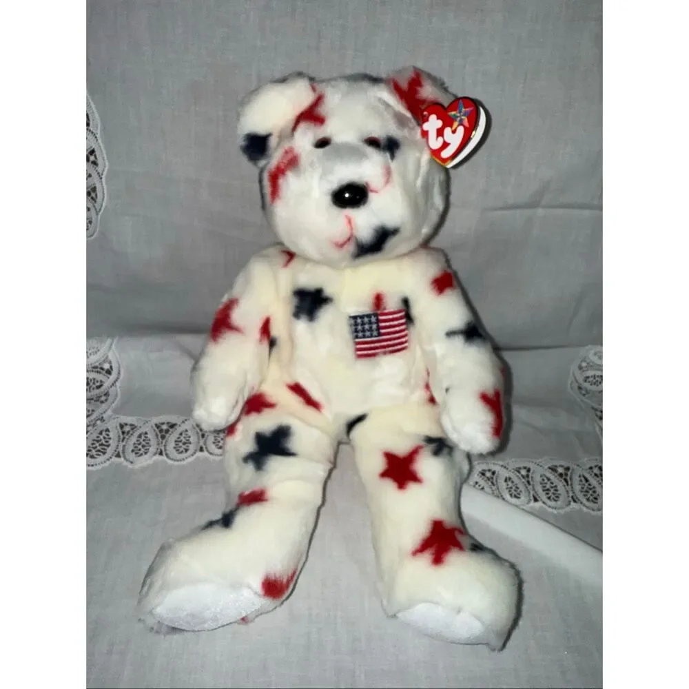 Ty Beanie Buddy Glory Bear 2001 Red White Blue Stars Flag USA Mint Tags 15” TyLO